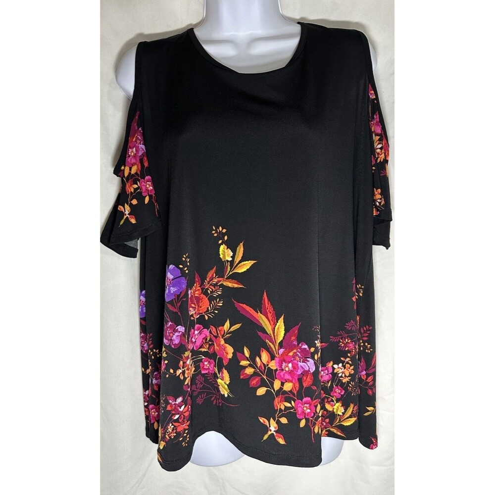 East 5th Floral Cold Shoulder Top Size Large Black Multi Flutter Sleeve Size L